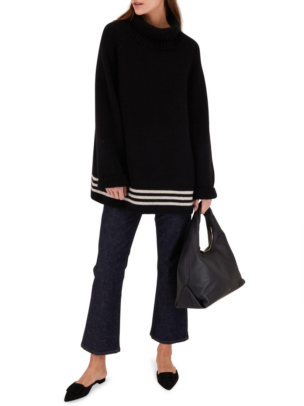 KHAITE Sonya Cashmere Striped Turtleneck Sweater Black